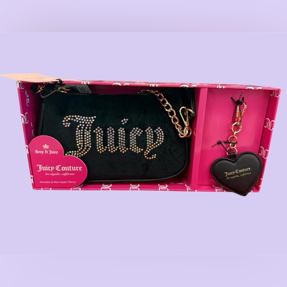 Juicy Couture Black Wristlet Chain Purse & Mini Heart Mirror keychain box gift - Picture 1 of 10